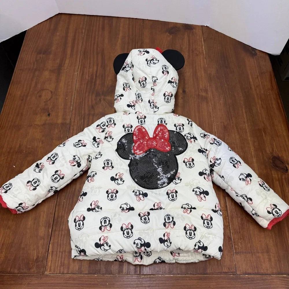 Disney Junior Minnie Mouse Hooded Puffer Jacket White Sherpa Sequin M Size 4T